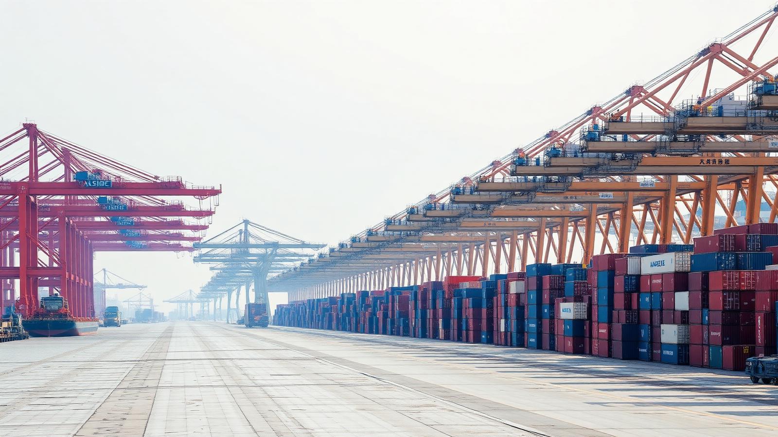 Chinese container port with rows of gantry cranes and stacked shipping containers