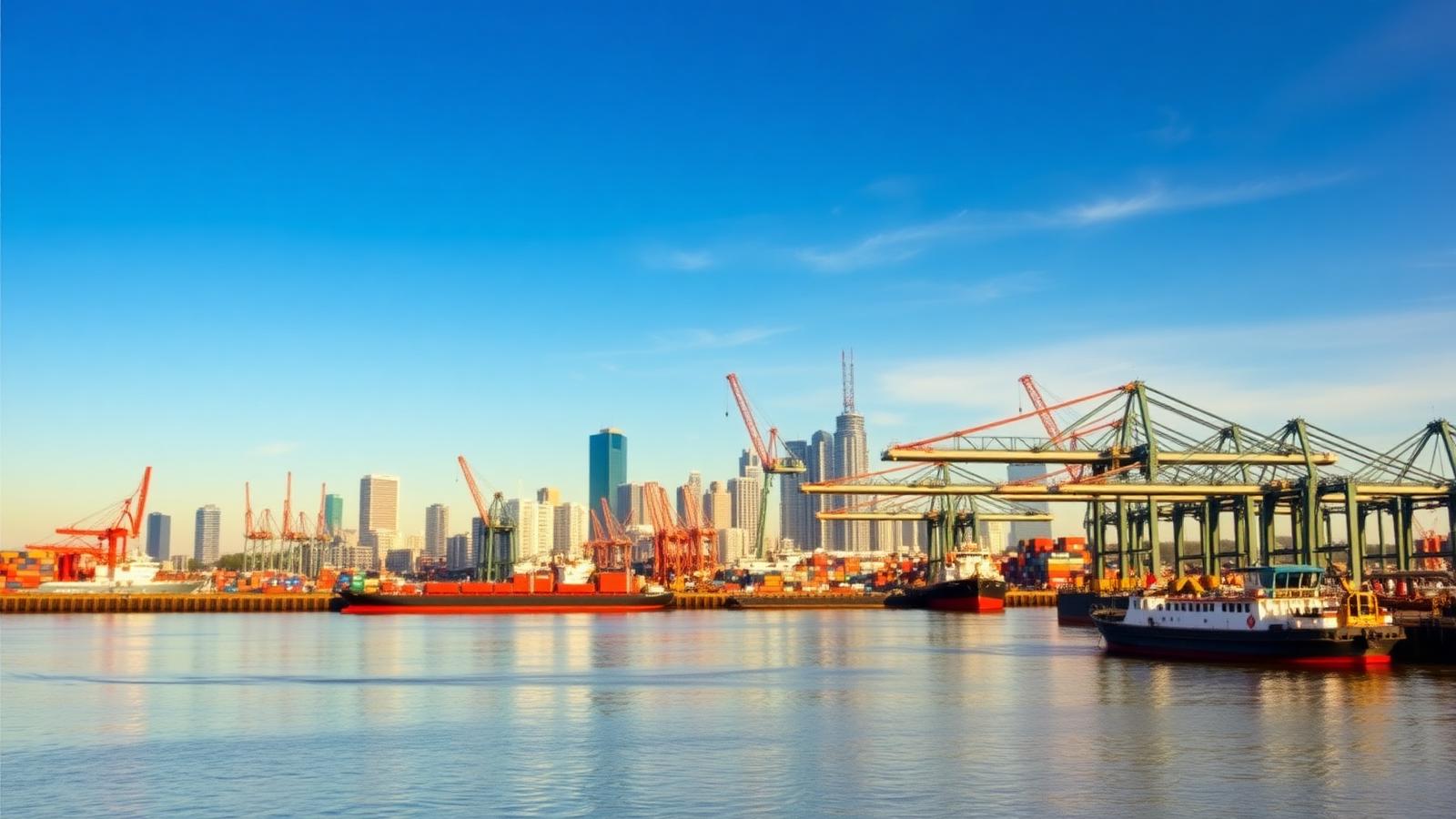 European cargo port with container cranes and a city skyline behind