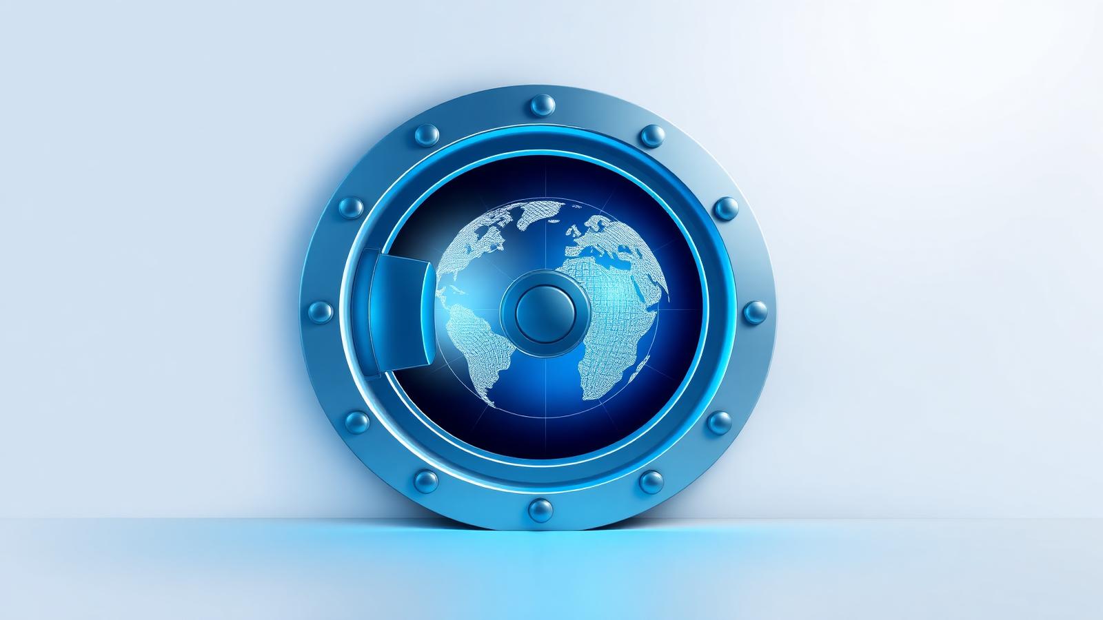 Abstract illustration of a secure vault door containing a glowing wireframe globe
