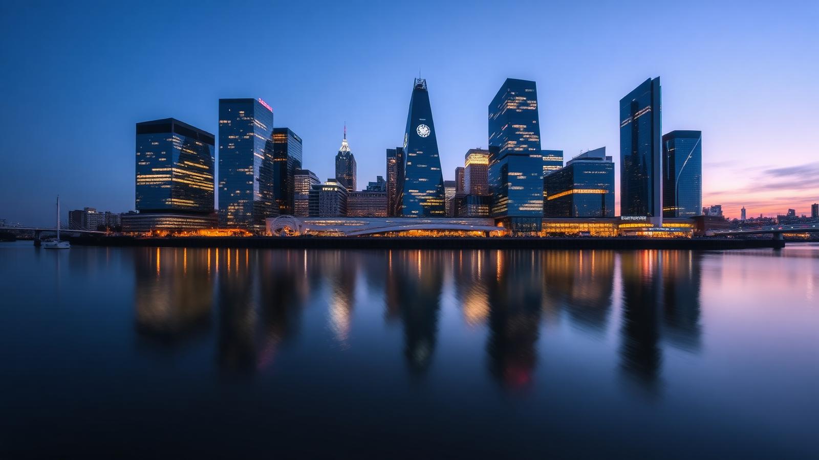 London financial district skyline at blue hour reflected in the river