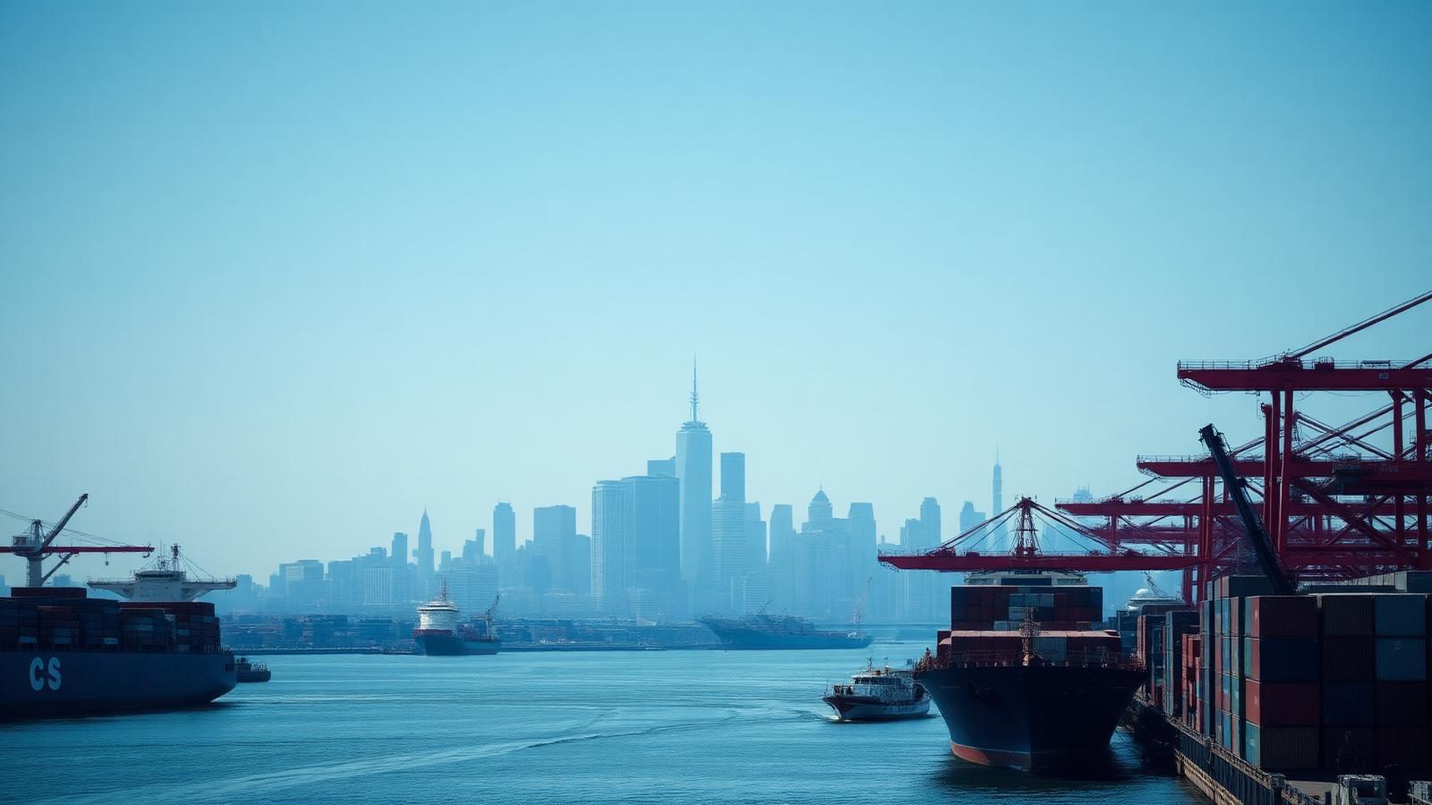 United States container port with a city skyline in the distance