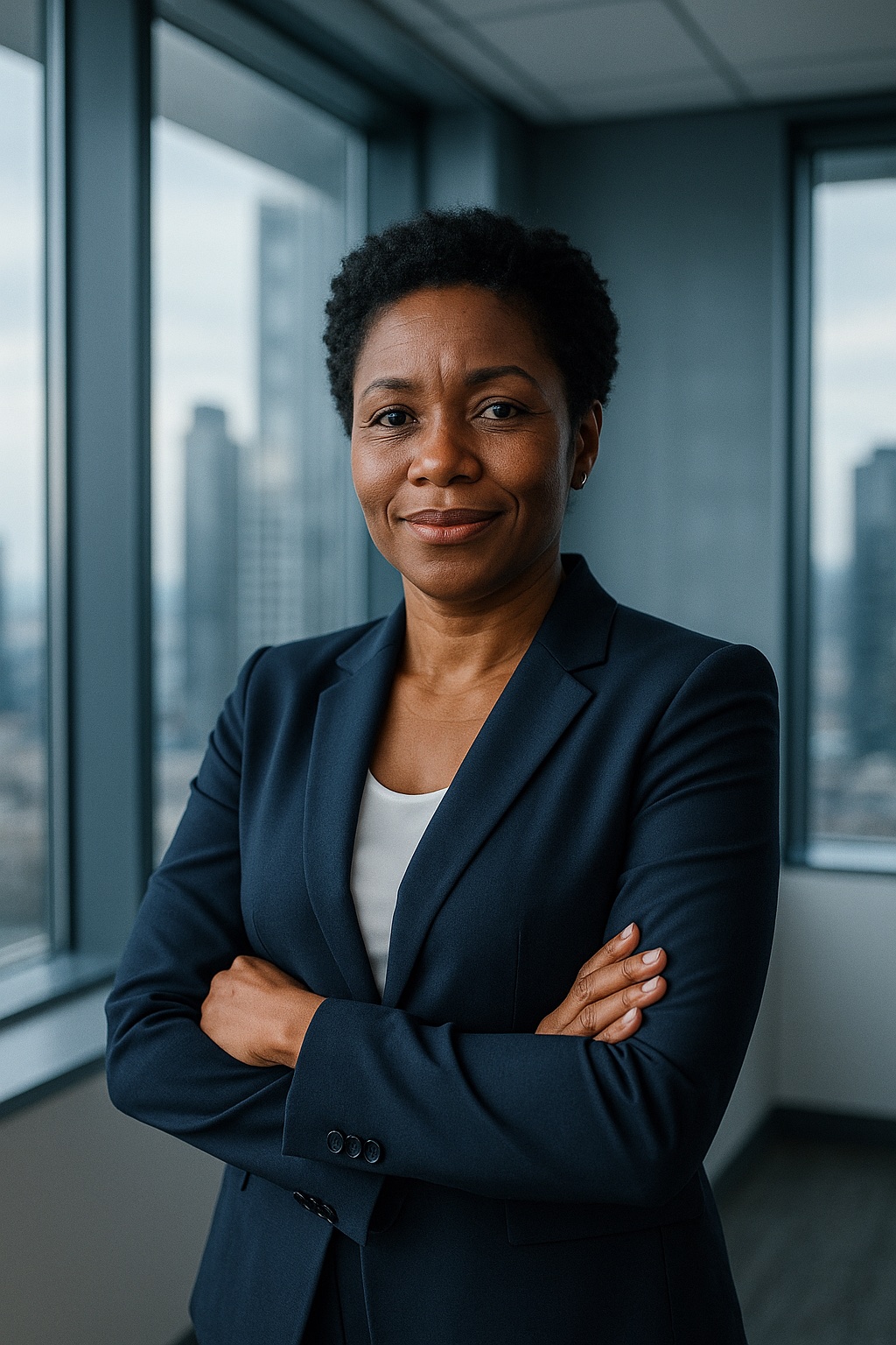 Portrait of a finance leader standing confidently in a city-view office