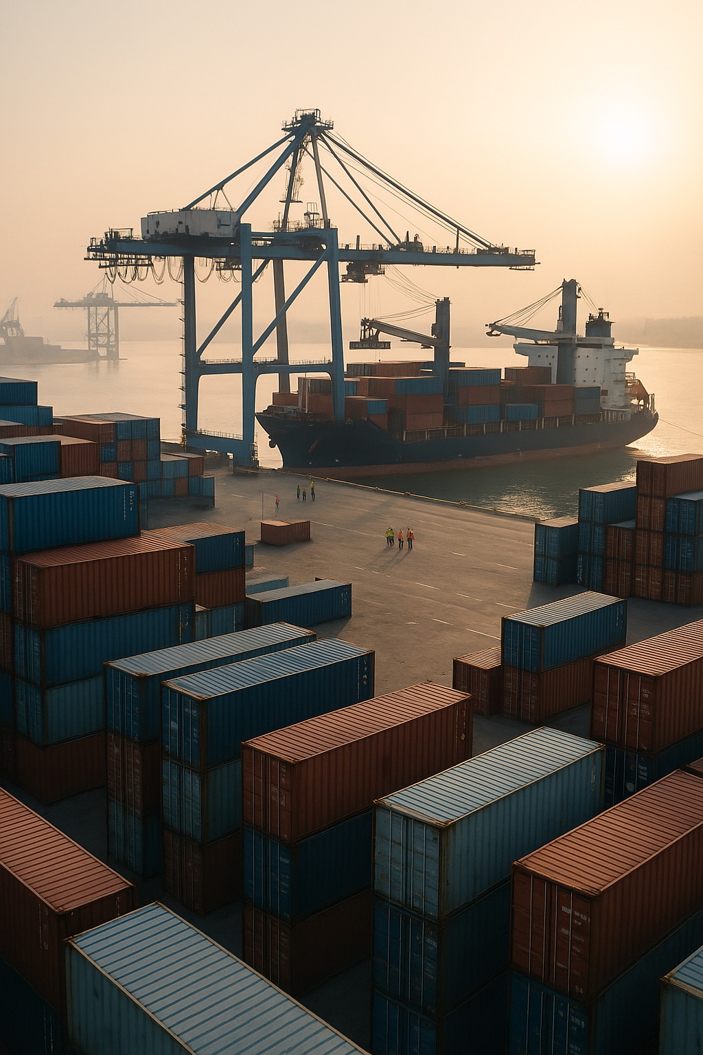 Container terminal at an African port with cargo ship and shipping containers at sunrise