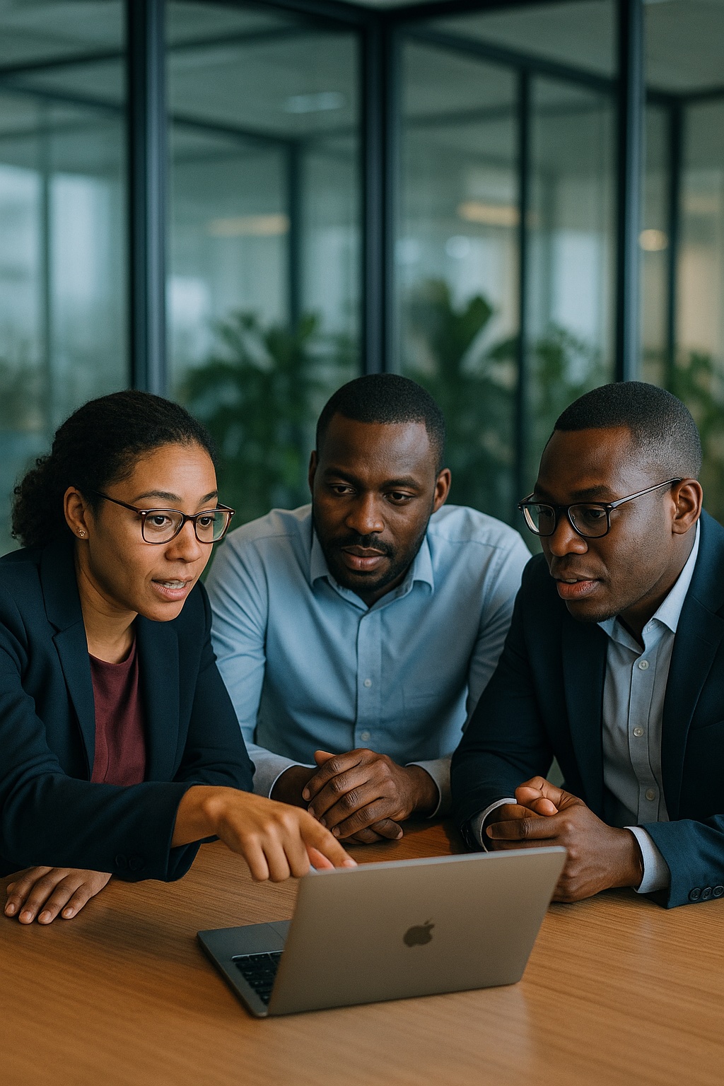 Finance team collaborating around a laptop in an office meeting room