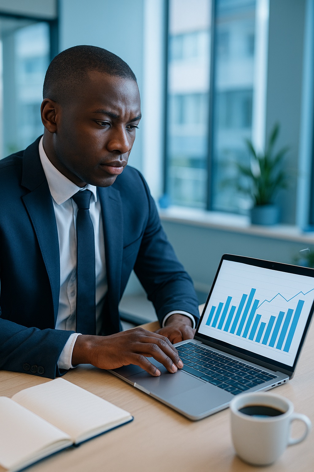 Finance professional reviewing treasury data on a laptop in a modern office