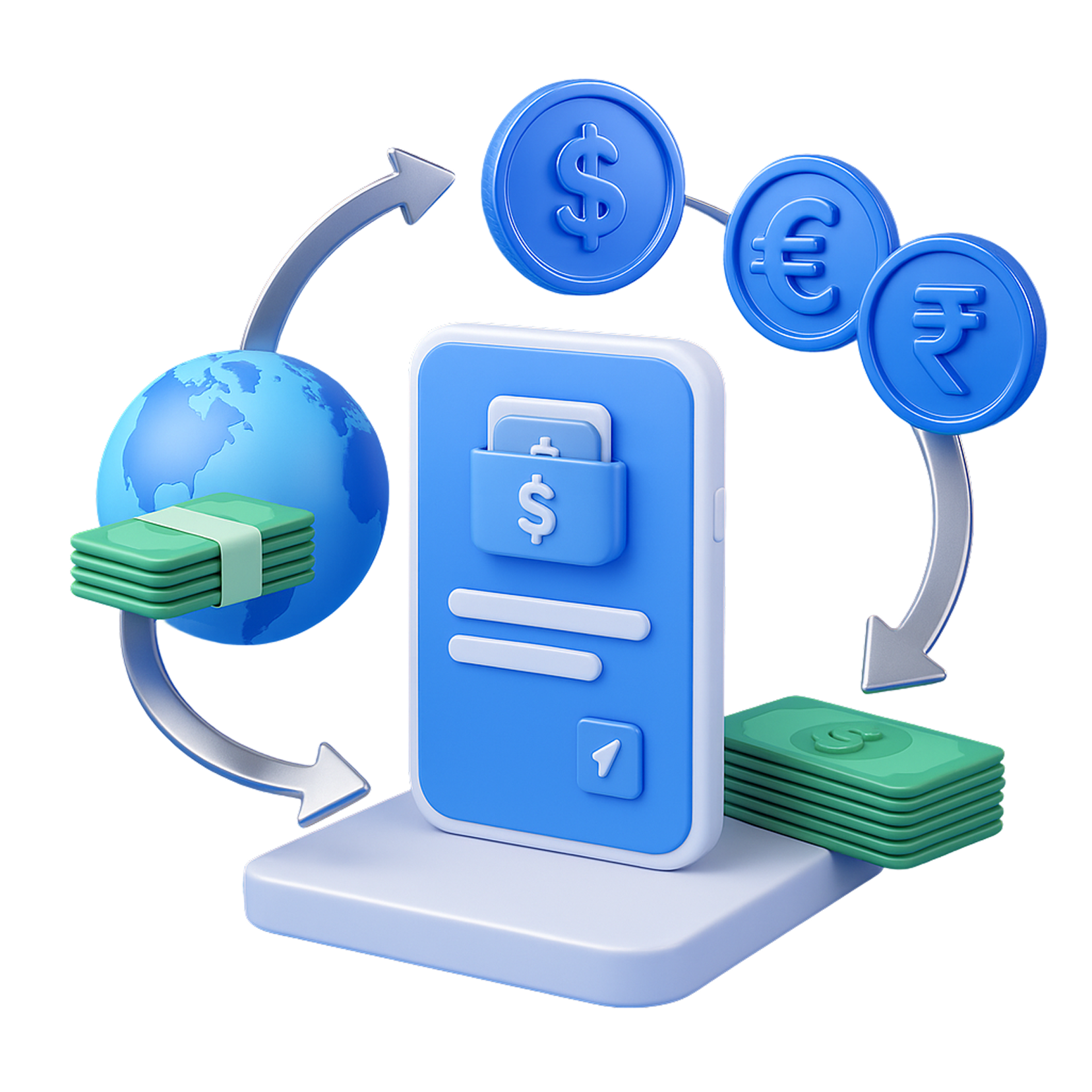 3D illustration of global financial platform with smartphone, currency coins (Dollar, Euro, Rupee), globe, and money flow representing multi-currency cash flow management