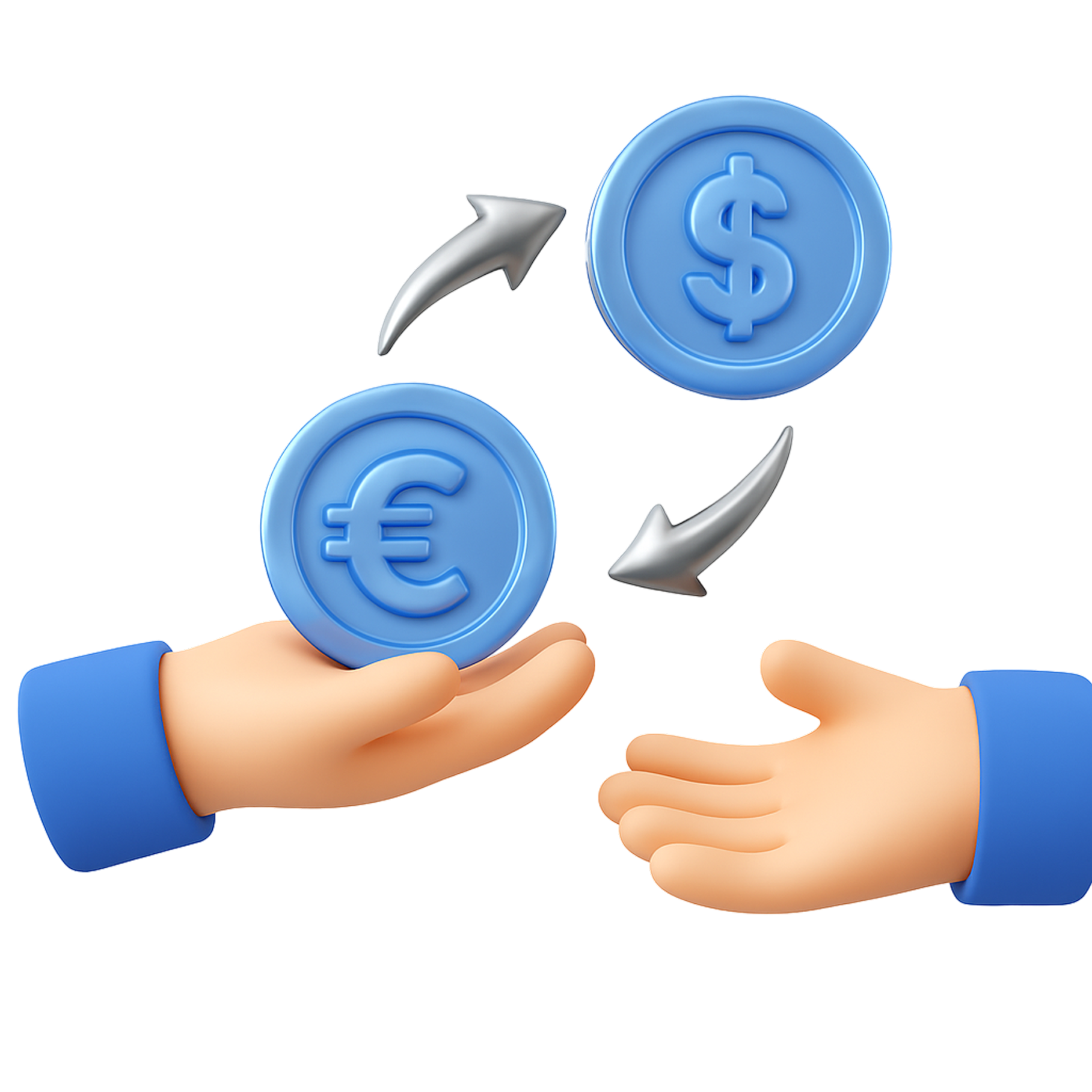 3D illustration of hands exchanging Euro and Dollar currency coins with arrows showing the exchange flow