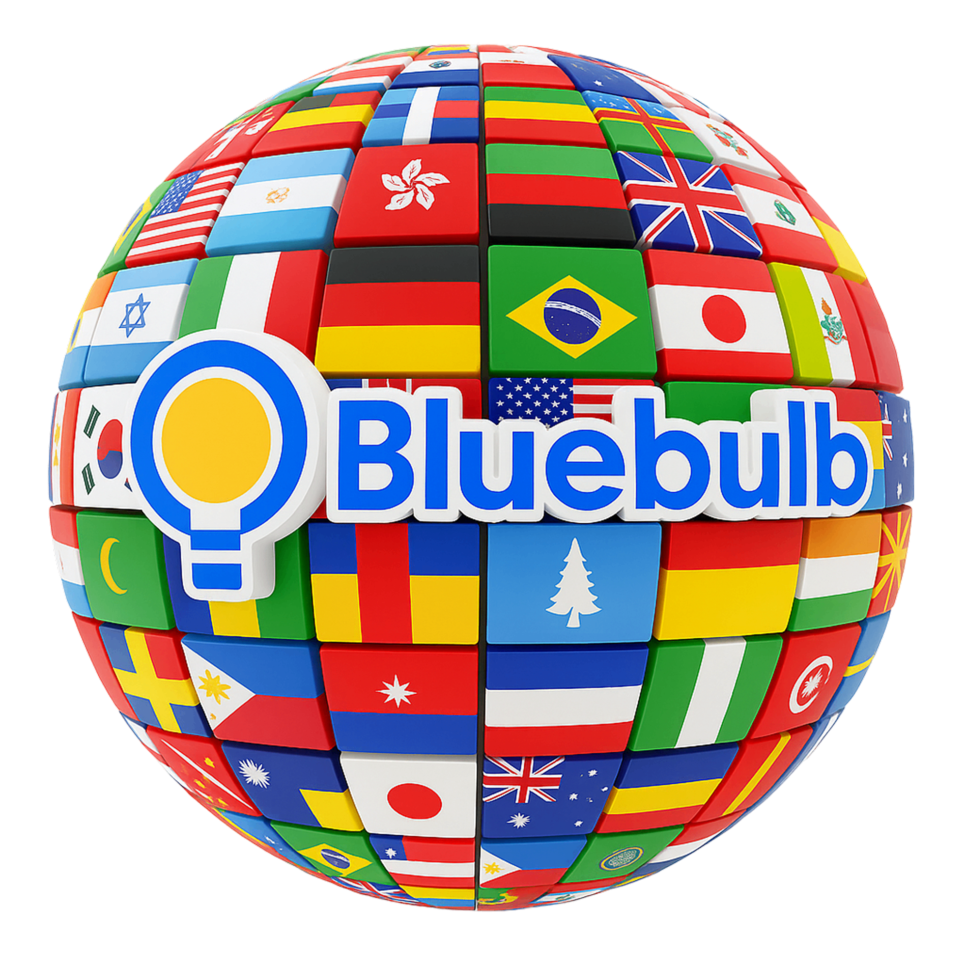3D globe with country flags and Bluebulb logo showing global payment disbursement capabilities