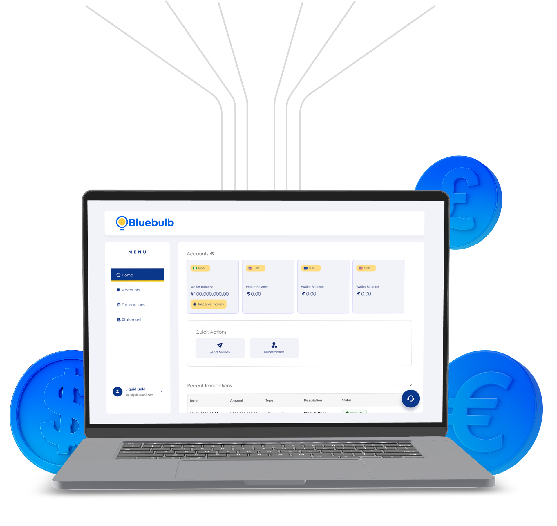 Bluebulb dashboard interface showing treasury management features on laptop with floating currency symbols